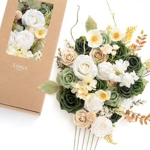 Vista 24 de Ling's moment Caja de flores artificiales, tallos de follaje artificial falso, rosas de espuma, dalia de seda, hierba de pampas, flor de tela