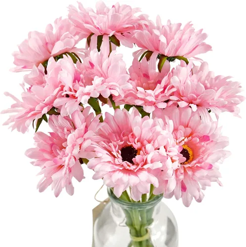 Vista 28 de FiveSeasonStuff Real Touch Gerbera Daisy - Arreglo de flores artificiales y ramo de boda (7 tallos florales, rojo baya)
