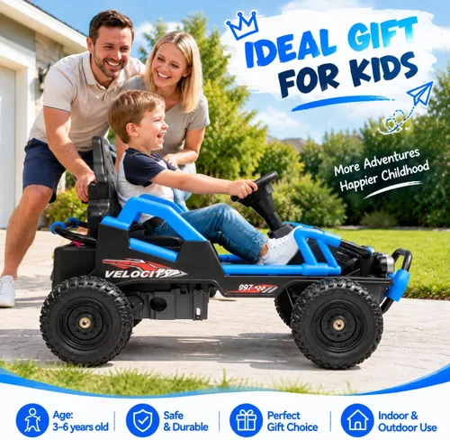 Vista 9 de 12V Electric Go Kart for Kids, Ride On Buggy Car with Metal Frame Ages 3-6 Blue