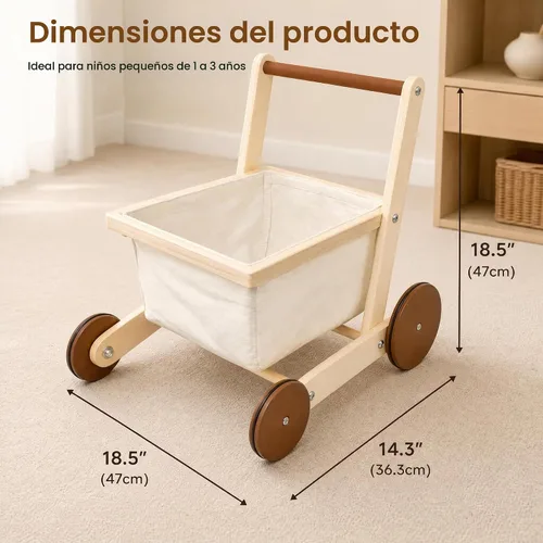Vista 2 de Woodtoe Andador de madera para bebés, cochecito de muñeca para niños y Caminante de aprendizaje para bebés, ruedas traseras grandes y estables