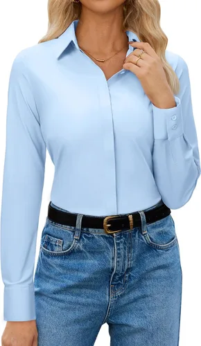 Vista 12 de siliteelon Womens Button Down Shirt Stretch Dress Shirt Collared Long Sleeve Hidden-Button Work Shirt Wrinkle-Free Blouse