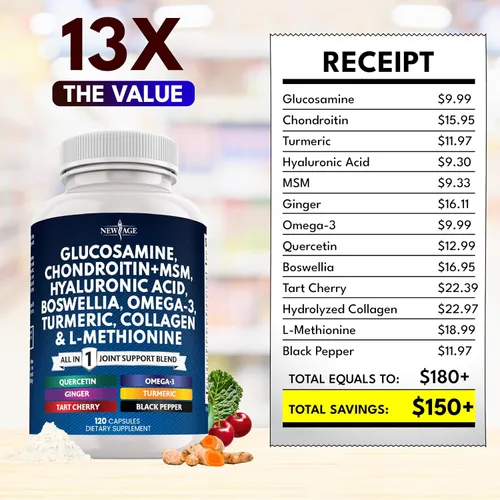 Vista 5 de Condroitina de glucosamina, MSM, curcumina de cúrcuma, colágeno, ácido hialurónico, Omega 3 – Suplemento de salud articular para hombres y mujeres