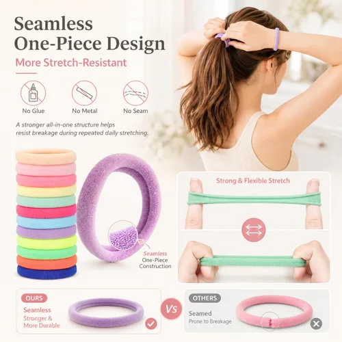 Vista 2 de Paquete de 100 ligas para el cabello, 12 colores, diseño sin costuras, fuerte elasticidad, no se cae, se desliza suavemente sin enredos