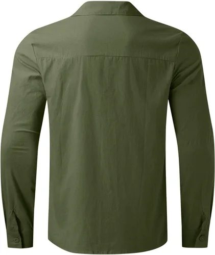 Vista 3 de Camisa de algodón y lino para hombre, talla grande, ajuste holgado, manga larga, cuello abatible, casual, tops de verano