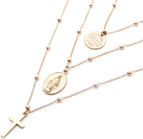Vista 4 de Tiande - Collar con colgante de cruz de plata, varios capas, diseño de la Virgen María
