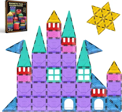 Vista 8 de GobiDex 100 azulejos magnéticos de castillo de princesa con 4 muñecas y escaleras, bloques de construcción magnéticos de princesa para niños de 3 a