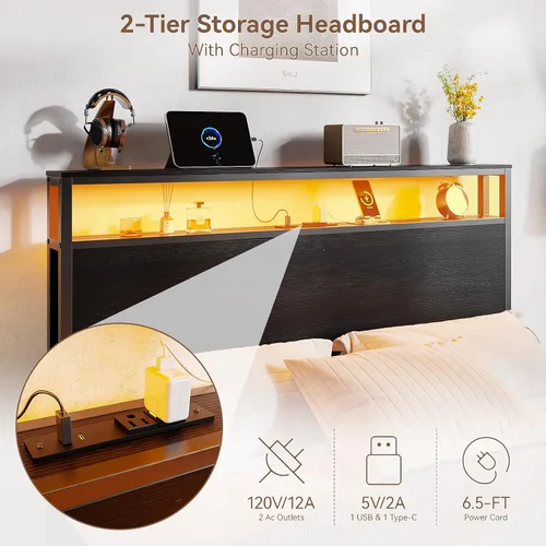 Vista 5 de Forestell Full Size Bed Frame with Storage Headboard & 6 Drawers, Metal Platform Bed Frame with LED Lights & Charging Station, 2 Tier Shelf Storage