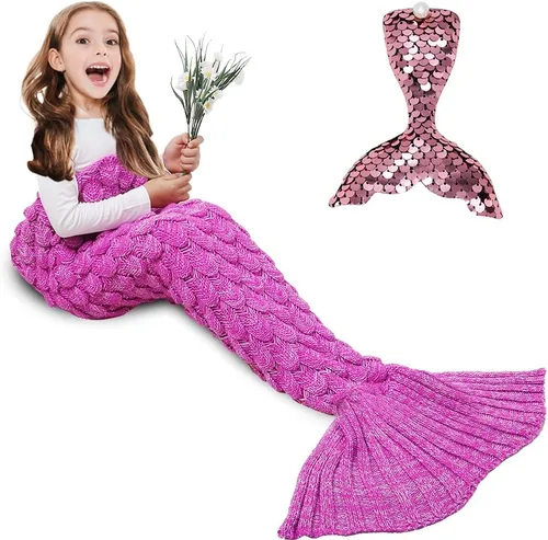 Vista 20 de AmyHomie Manta de cola de sirena, manta suave para niños, saco de dormir de sirena de ganchillo, regalo de sirena para niñas