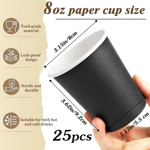Vista 2 de Paquete de 25 vasos de papel desechables negros de 8 onzas, tazas de café caliente, taza de té de papel, vasos desechables, vasos para bebidas