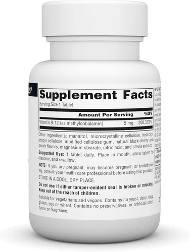 Vista 2 de Source Naturals Vitamina B-12, 5 mg apoya la producción de energía - Fórmula vegana de fusión rápida 60 Apoya la producción de energía