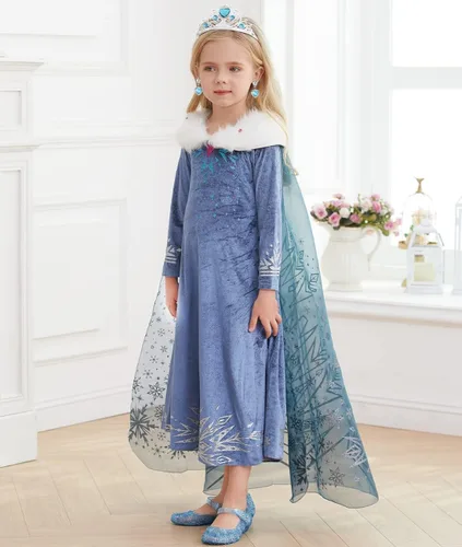Vista 3 de Luzlen Winter Snow Princess Costume for Girls Halloween Birthday Cosplay Dress with Cape Accessories Blue