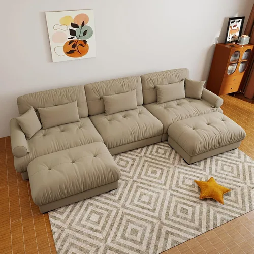 Vista 56 de Sofá modular de gran tamaño de 94 pulgadas, sofás seccionales grandes de color beige y blanco para sala de estar, juego de sofá de terciopelo, sofás