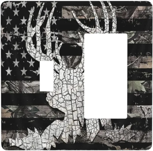 Vista 115 de Cubierta de placa de pared IOFNG Bandera Americana de EE. UU. de otoño, hojas de caza, astas de ciervo, antílope, interruptor de luz de toma única