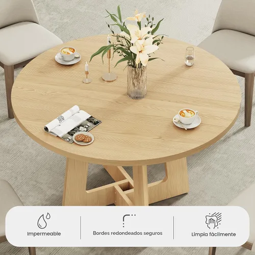 Vista 4 de Mesa de comedor redonda para 4, mesa de cocina de granja, mesa circular de madera, capacidad de 300 libras y fácil montaje para el hogar, comedor
