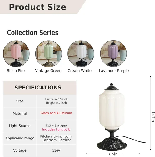 Vista 8 de Lámpara de mesa vintage de vidrio de leche con control táctil, elegante lámpara de noche de vidrio blanco regulable de 3 vías con puertos de carga