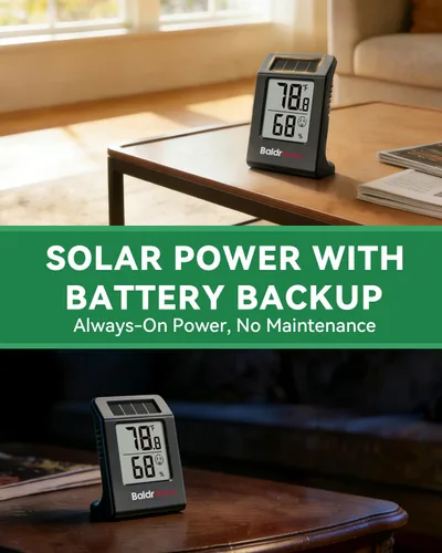 Vista 3 de BALDR 2-Pack Digital Hygrometer Thermometer, Solar Power with Battery Backup Temperature and Humidity Monitor, Mini Room Thermometer with Comfort