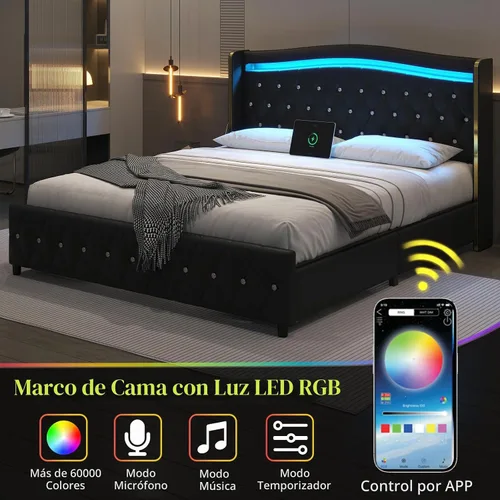 Vista 4 de Marco de cama de tamaño matrimonial, cabecero, 4 cajones de almacenamiento, luces LED, color negro