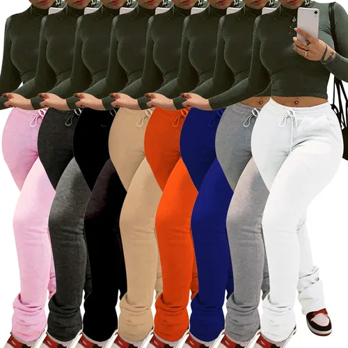 Vista 3 de Annystore Pantalones casuales ajustados apilados para mujer, leggings con cordón fruncido, pantalones de entrenamiento gruesos con bolsillos