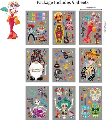Vista 2 de El Día de los Muertos se aferra para ventanas de cristal, calcomanías de calavera, guitarra, fiesta mexicana, fiesta fantasma, novia y novio