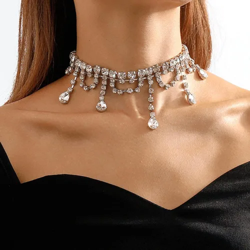 Vista 3 de Missgrace Gargantilla sexy brillante con diamantes de imitación, cadena larga de cristal brillante, joyería para mujeres y niñas