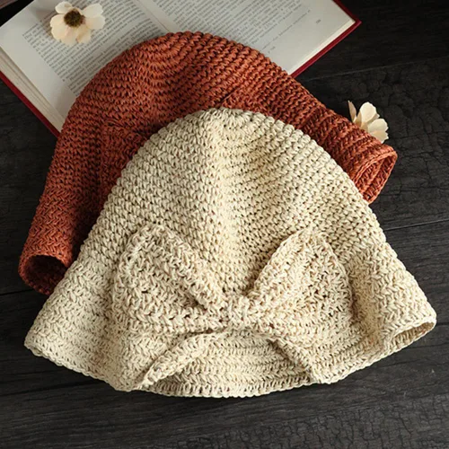Vista 4 de Sombrero de playa plegable de ala ancha con paja, gorra de cubo de verano con lazo para mujeres y niñas Beige