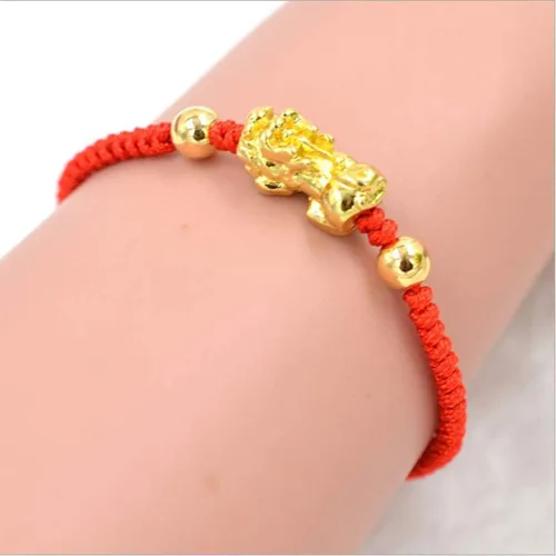 Vista 5 de Tebatu Pulsera de cuerda roja de la cábala del oro de Pi Xiu del Feng Shui chino Protección contra el mal de ojo