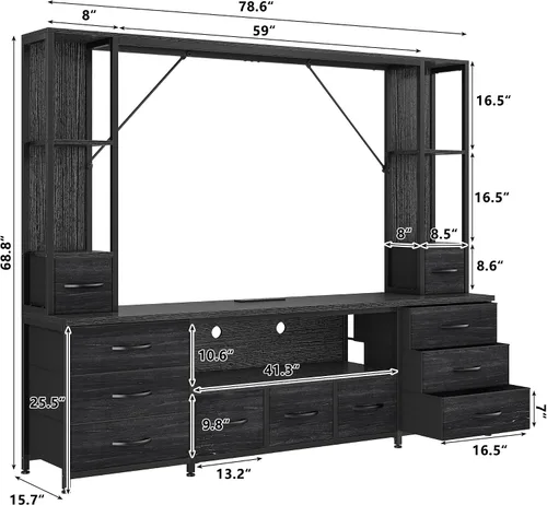 Vista 2 de EnHomee Soporte de TV de 65 pulgadas para sala de estar, gran centro de entretenimiento con 11 cajones de tela, 2 luces LED y tomas de corriente