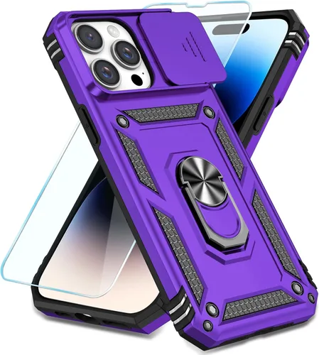 Vista 18 de SunStory Compatible con iPhone 13 Case/iPhone 14 Case con Protector de Pantalla HD y Cubierta de Cámara Deslizante y Soporte de Anillo Giratorio