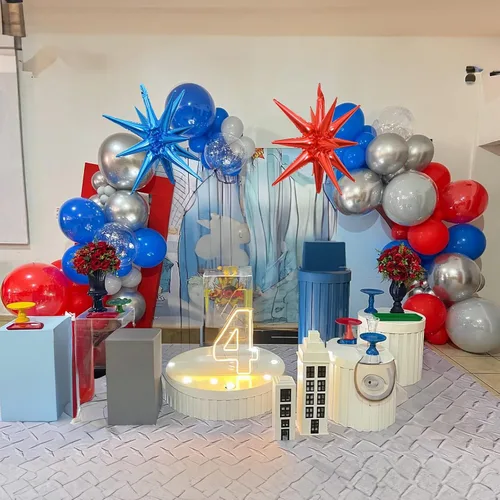 Vista 6 de Kit de Guirnalda de Arco de Globos Rojo Azul Plateado, Globos de Látex Rojo Azul Real Globos de Papel de Aluminio 4D con Estrella de Explosión