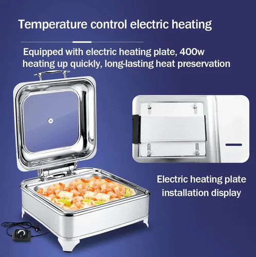 Vista 4 de Calentador de alimentos de 9 litros, juego de bufé rectangular con tapa visible de vidrio y control de temperatura, servidores de buffet