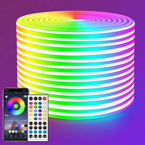 Vista 8 de Tira de luces LED de neón, tira de luces LED alimentada por USB de 6.6 pies, luz de cuerda RGB de cambio de color de 5V con sincronización de música