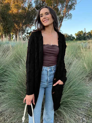 Vista 3 de MASCOMODA Suéter de manga larga con capucha para mujer, suéter de punto trenzado con botones para invierno