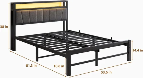 Vista 2 de BOFENG Base de cama matrimonial con cabecera de almacenamiento tapizada y estación de carga, luces LED, plataforma de metal resistente, marco
