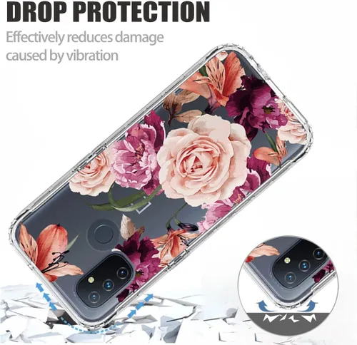 Vista 7 de Funda para OnePlus Nord N100 BE2013 con protector de pantalla de vidrio templado, lindo patrón floral transparente de cuerpo completo protector