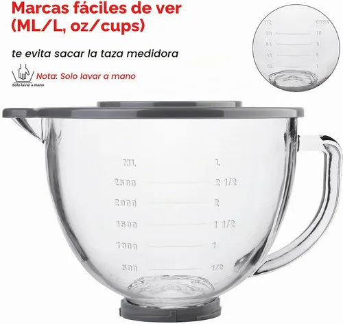 Vista 7 de Cuenco mezclador de vidrio accesorio de 5 cuartos de galón - Compatible con batidoras de pie KitchenAid de 4.5 y 5 cuartos de galón con cabezal
