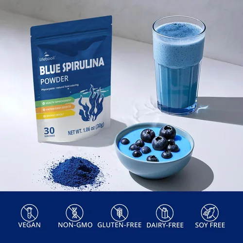 Vista 6 de Polvo de espirulina azul, extracto de ficocianina puro 100% natural de algas azul-verdes, vegano, sin gluten, sin OMG, colorante alimentario