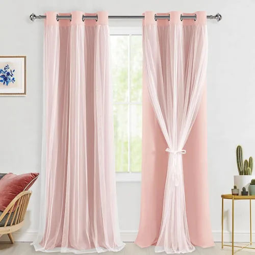 Vista 93 de Hiasan Cortinas opacas con superposición transparente, aislamiento térmico para mezclar y combinar de doble capa, cortinas de oscurecimiento de Beige