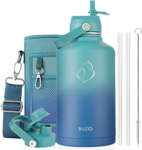 Vista 26 de BUZIO Botella de agua aislada de 24 oz, frasco de agua de boca ancha de acero inoxidable con tapa de pajita, frío durante 48 horas a prueba de Negro