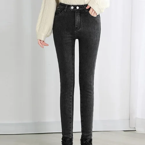Vista 4 de Pantalones gruesos Haren - Jeans de felpa para mujer, cálidos, sueltos, de cintura alta, rectos, para mujer, pantalones de pijama para mujer