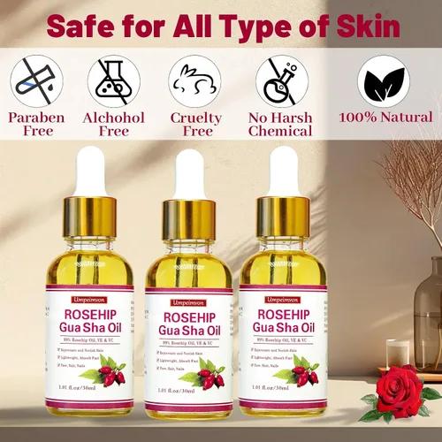 Vista 7 de Paquete de 3 aceites faciales Gua Sha para mujeres, aceite de rosa mosqueta, aceite facial orgánico con infusión de rosa, vitamina E y C