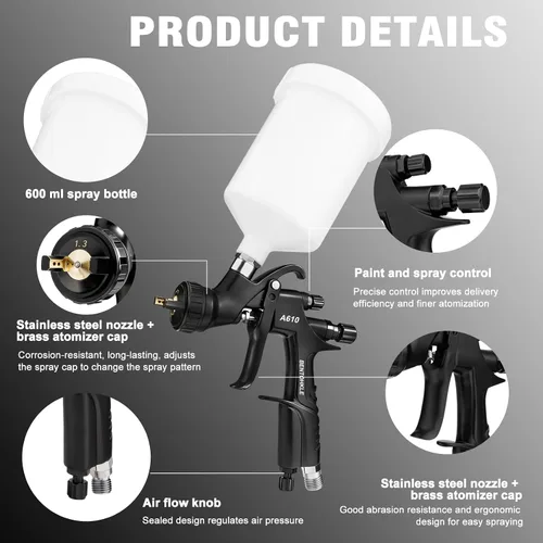 Vista 5 de R500 LVLP Pistola de pulverización de aire con boquillas de 1.3/1.5/0.067 in y regulador de aire, pistolas de pintura A610 automotrices kit premium
