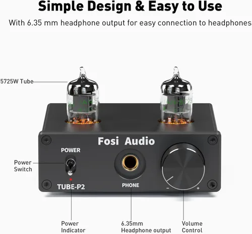 Vista 2 de Fosi Audio Amplificador de auriculares P2 Tubo de vacío Amplificador de auriculares Mini Hi-Fi Audio estéreo con protección de salida de ruido
