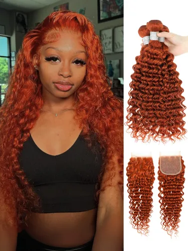 Vista 17 de Cabello Humano Rizado Castaño Rojizo, Trama Gruesa Castaño Cobrizo Rojo Coloreado Ondas Profundas Paquetes Individuales Cabello Humano 12A Tejido