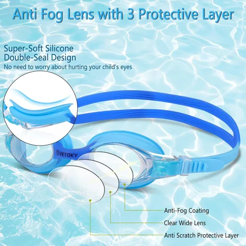 Vista 4 de Gafas de natación para niños, paquete de 2 gafas de natación antivaho con protección UV, transparentes, sin fugas, para niños y jóvenes de 3 a 12