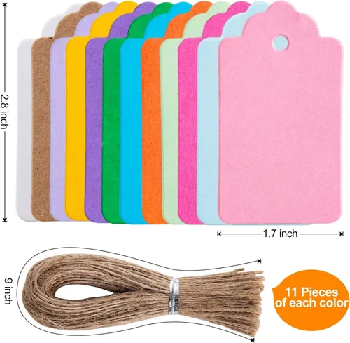 Vista 2 de Primbeeks 132 piezas etiquetas de regalo premium, papel kraft de 12 colores with cuerda, etiquetas colgantes de saludo y precio disponibles de doble