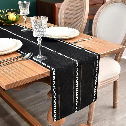 Vista 13 de Camino de mesa rústico de granja con rayas trenzadas, caminos de mesa bordados, decoraciones de mesa para cocina, sala de estar, comedor, días