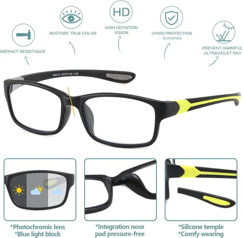 Vista 5 de Gafas de lectura anchas con luz azul para computadora, diseño deportivo, marco para cabeza grande, lentes fotocromáticos tintados