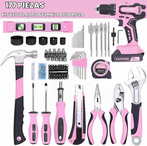 Vista 3 de FASTPRO Juego de herramientas para el hogar y taladro de iones de litio inalámbrico de 177 piezas de 20 V rosa con taladro en estuche