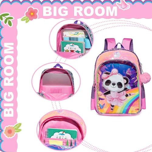 Vista 3 de Mochilas para niñas y niños, mochila escolar bonita para la escuela, mochila escolar ligera con lonchera, rosado (Pink Panda), Mochila