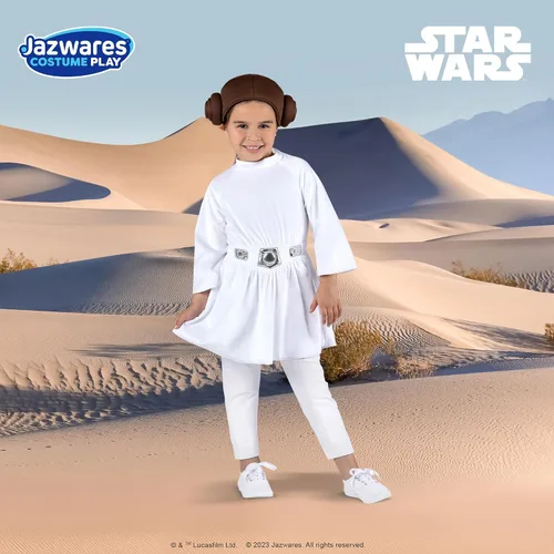 Vista 6 de Star Wars - Disfraz de princesa Leia para niñas, vestido de tela y cinturón con tocado de tela
